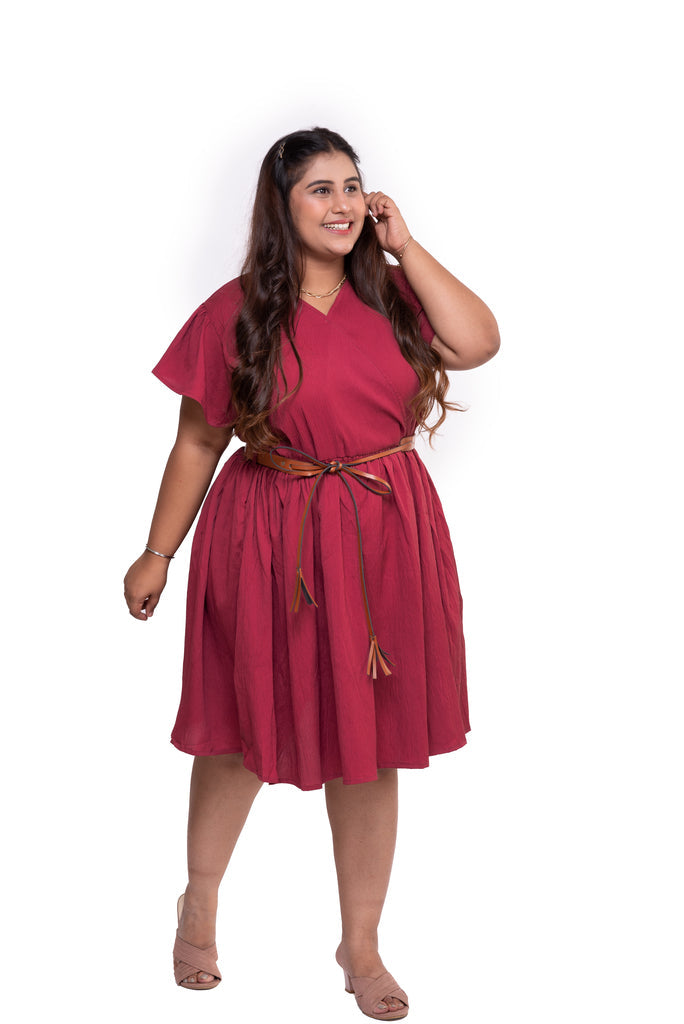 Summer Mini Dress with Belt (Maroon)