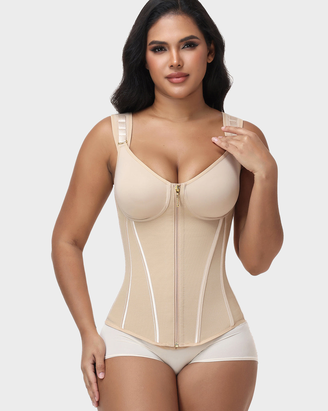 V Neck Underwire Cup Wide Adjustable Strap Zipper Waist Trainer Shaping Vest