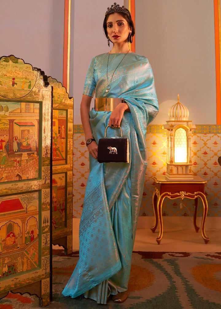 Cyan Blue Designer Satin Silk Saree | Stitched Blouse - qivii