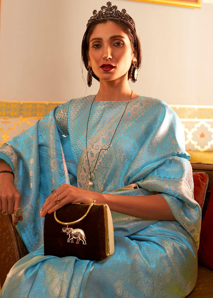 Cyan Blue Designer Satin Silk Saree | Stitched Blouse - qivii