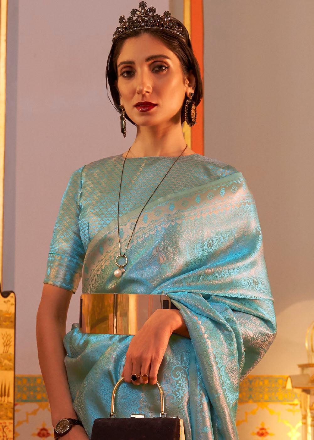 Cyan Blue Designer Satin Silk Saree | Stitched Blouse - qivii