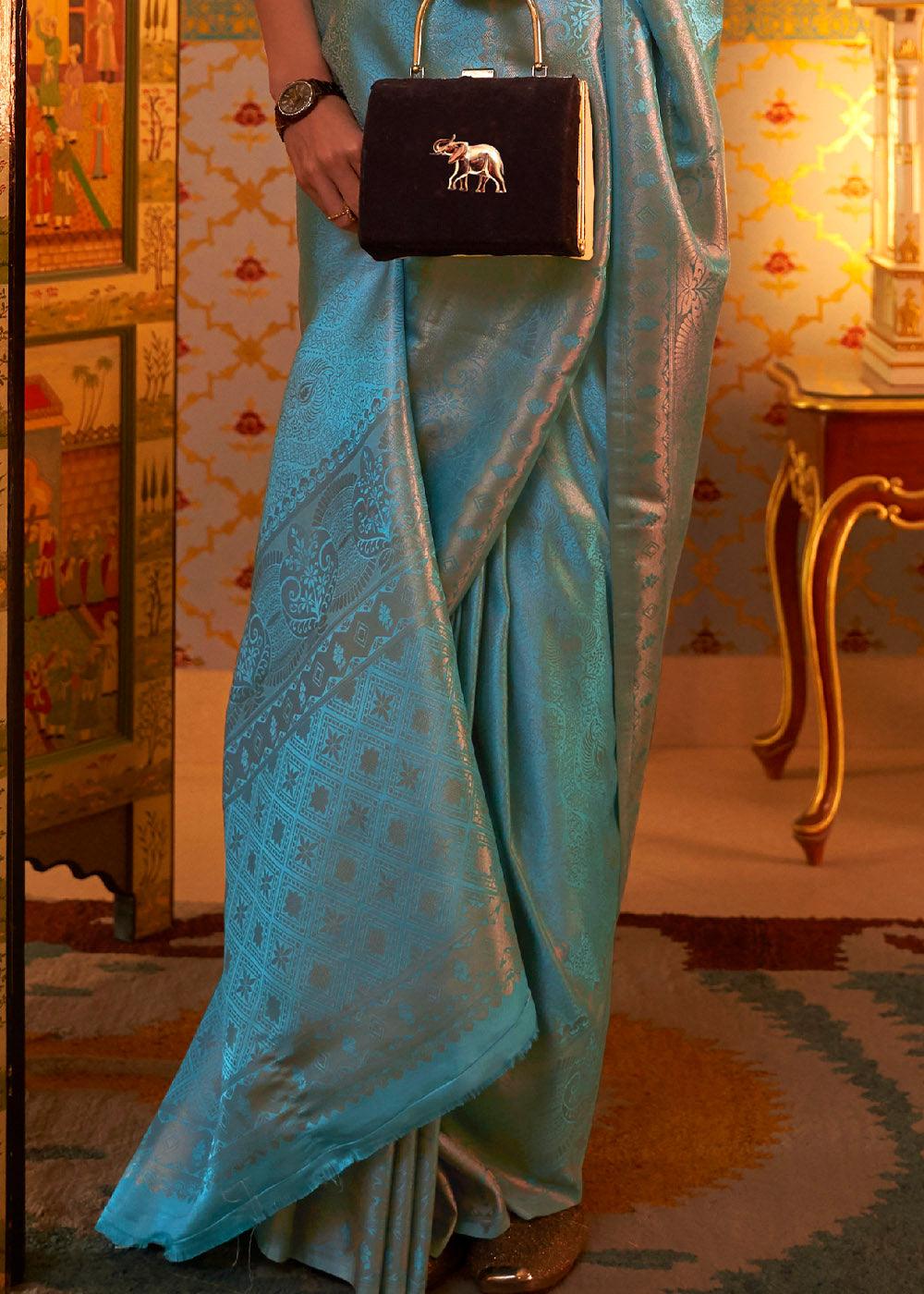 Cyan Blue Designer Satin Silk Saree | Stitched Blouse - qivii