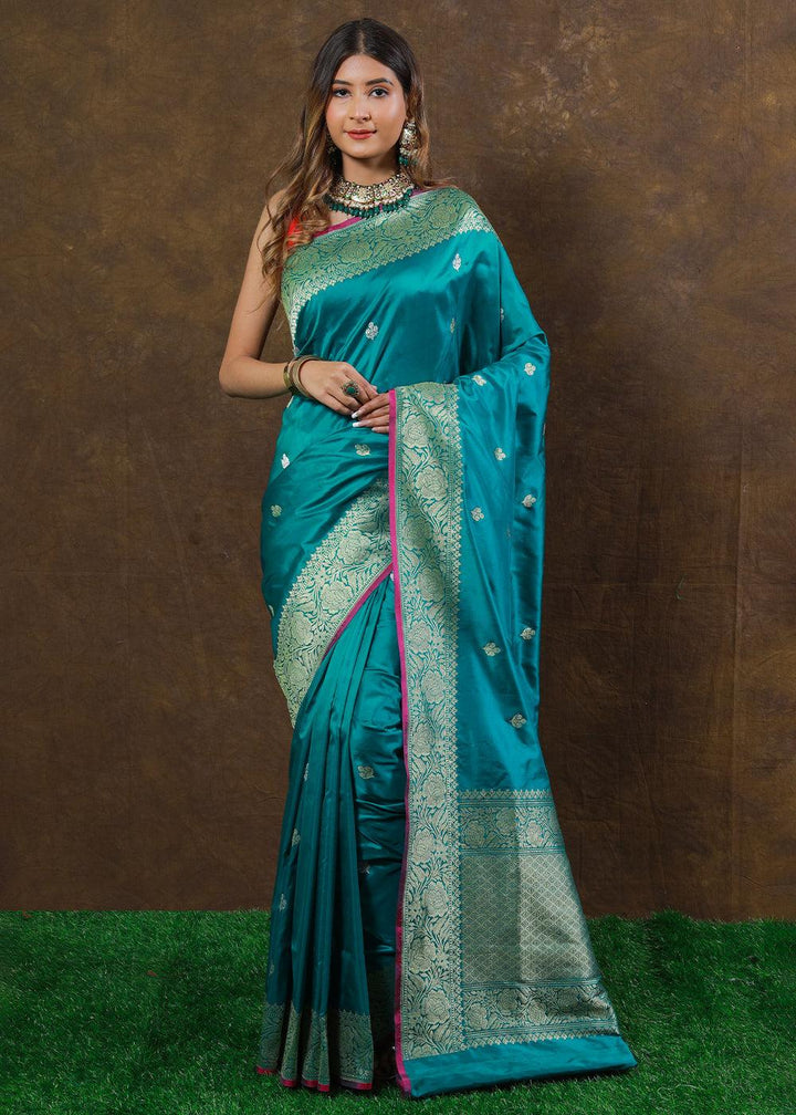 Cyan Blue Hand Woven Pure Katan Silk Saree | Stitched Blouse - qivii