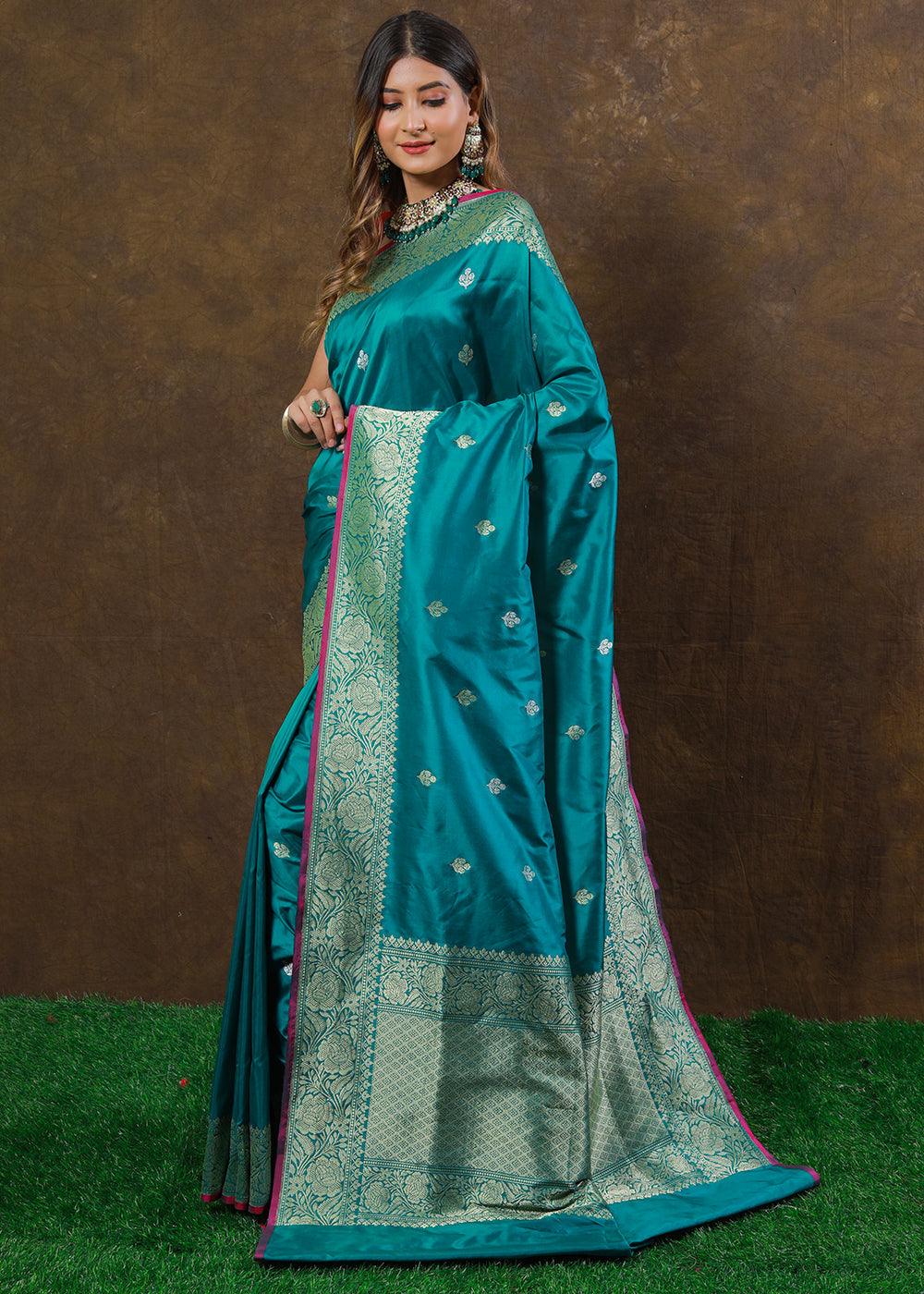 Cyan Blue Hand Woven Pure Katan Silk Saree | Stitched Blouse - qivii