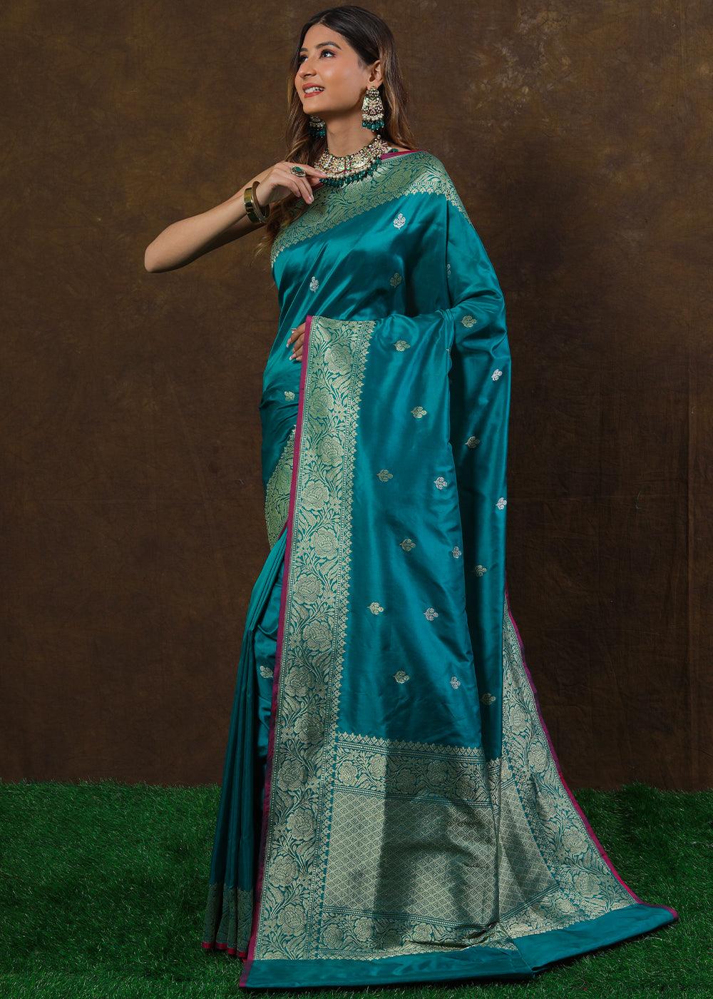 Cyan Blue Hand Woven Pure Katan Silk Saree | Stitched Blouse - qivii