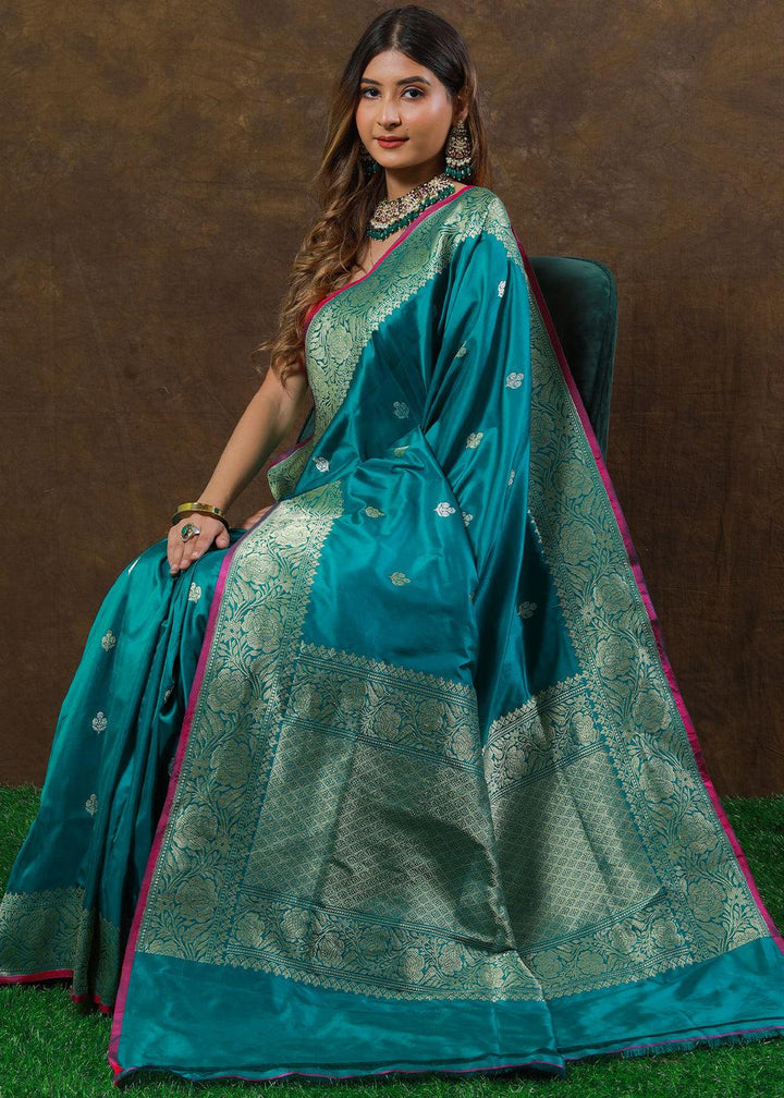 Cyan Blue Hand Woven Pure Katan Silk Saree | Stitched Blouse - qivii