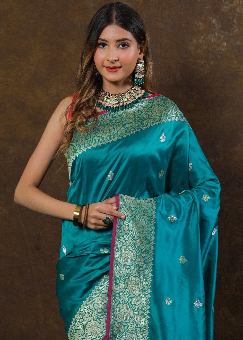 Cyan Blue Hand Woven Pure Katan Silk Saree | Stitched Blouse - qivii