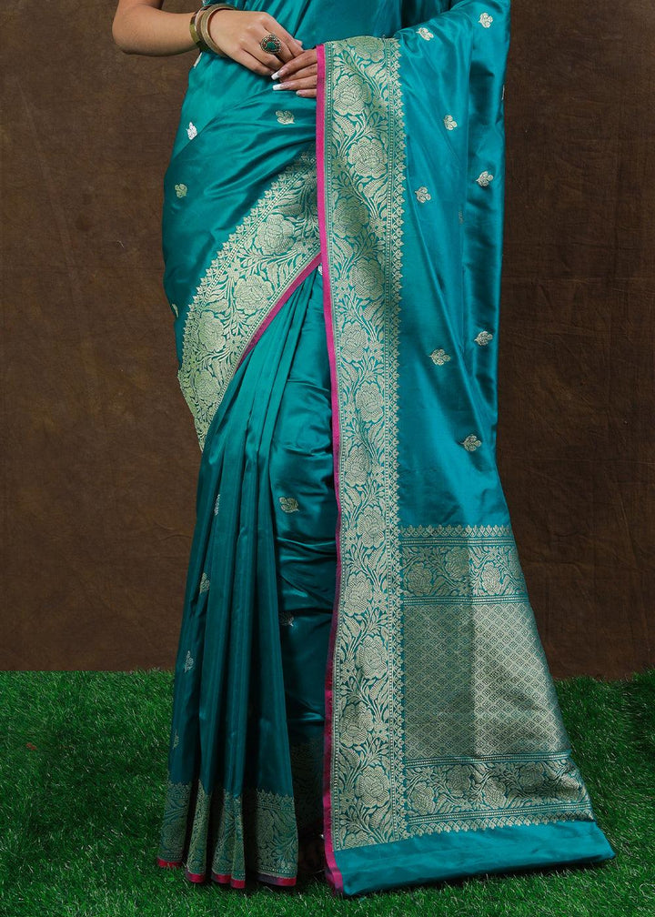 Cyan Blue Hand Woven Pure Katan Silk Saree | Stitched Blouse - qivii