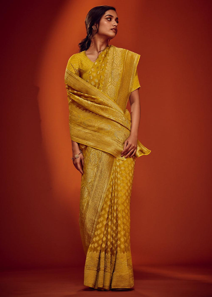 Cyber Yellow Woven Viscose Georgette Saree - qivii