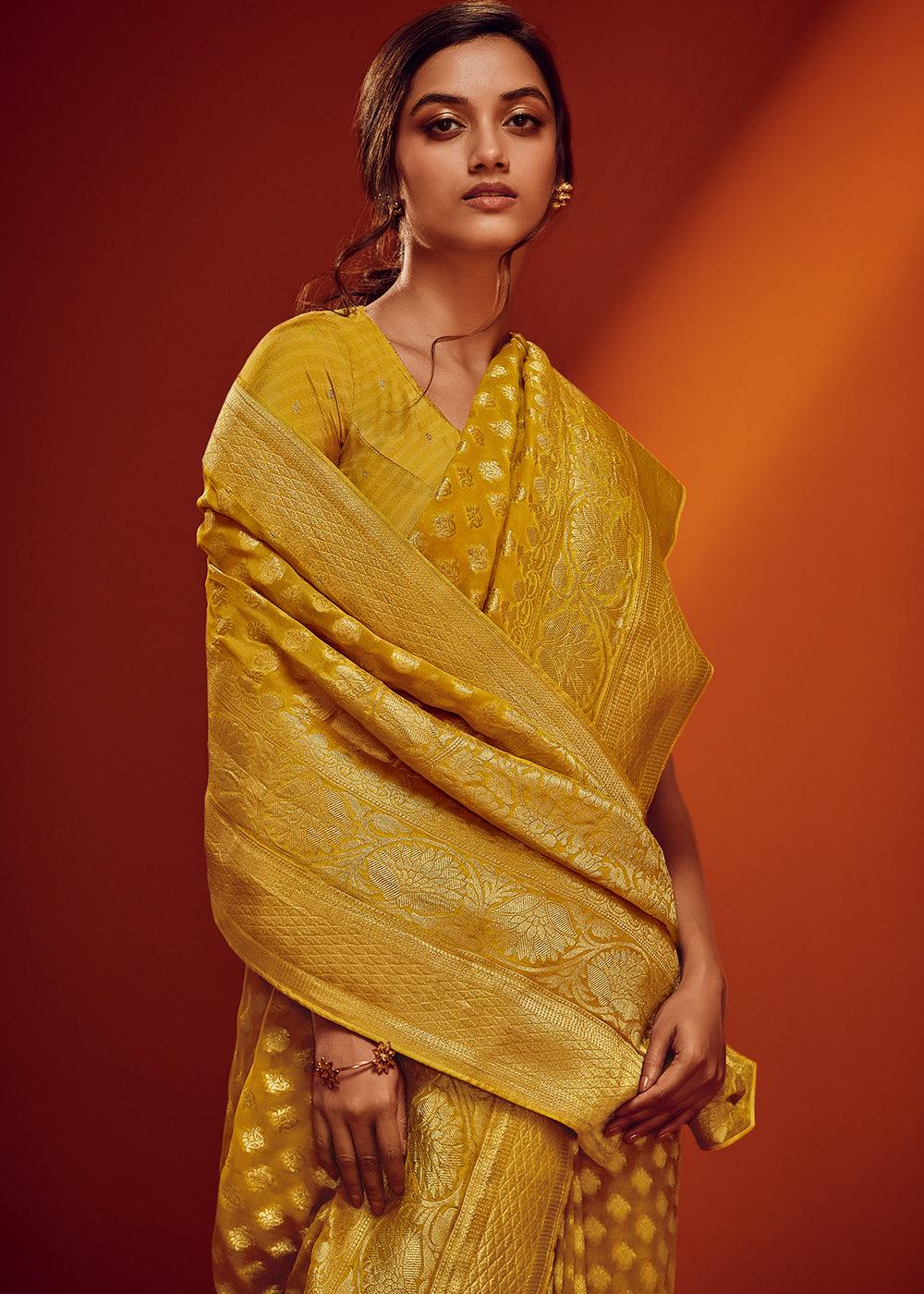 Cyber Yellow Woven Viscose Georgette Saree - qivii