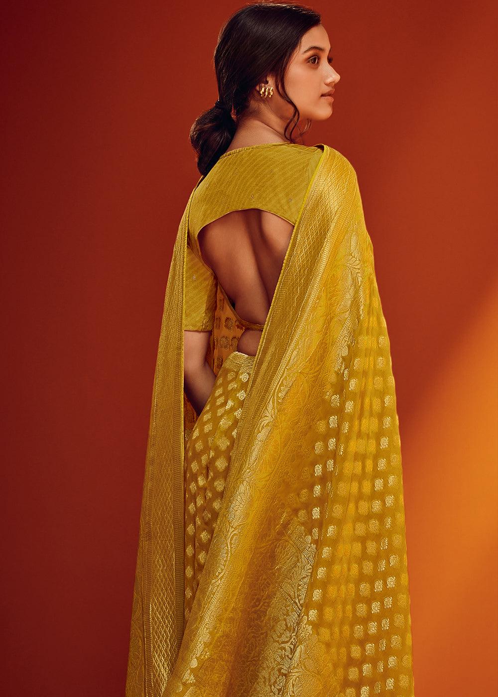 Cyber Yellow Woven Viscose Georgette Saree - qivii