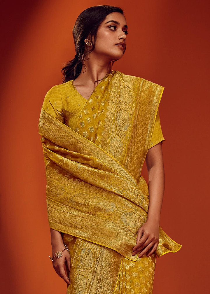 Cyber Yellow Woven Viscose Georgette Saree - qivii