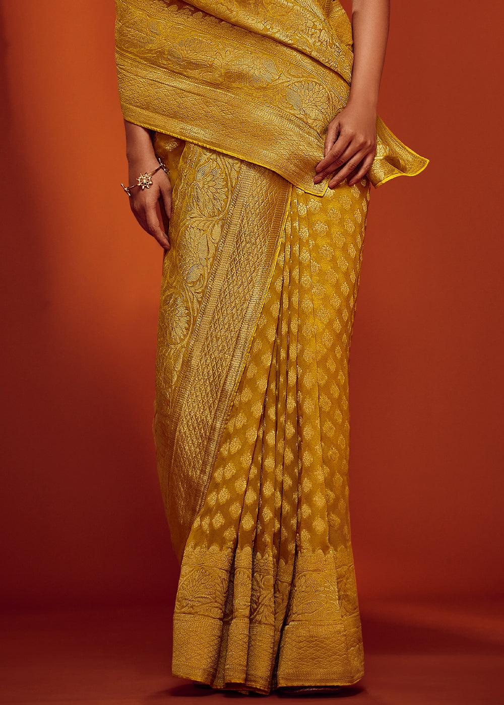 Cyber Yellow Woven Viscose Georgette Saree - qivii