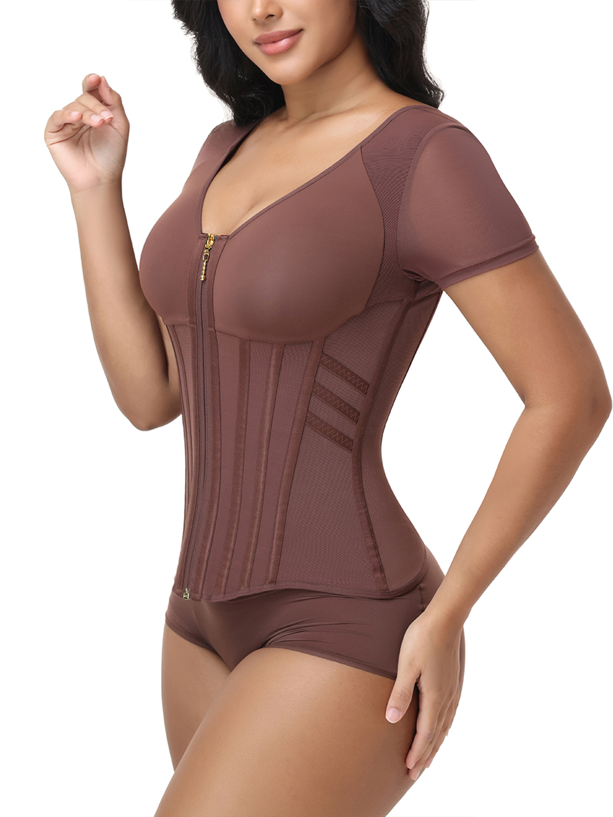 V Neck Front Zipper Short Sleeve Segmented Bone Waist Trainer Compression Shaping Top