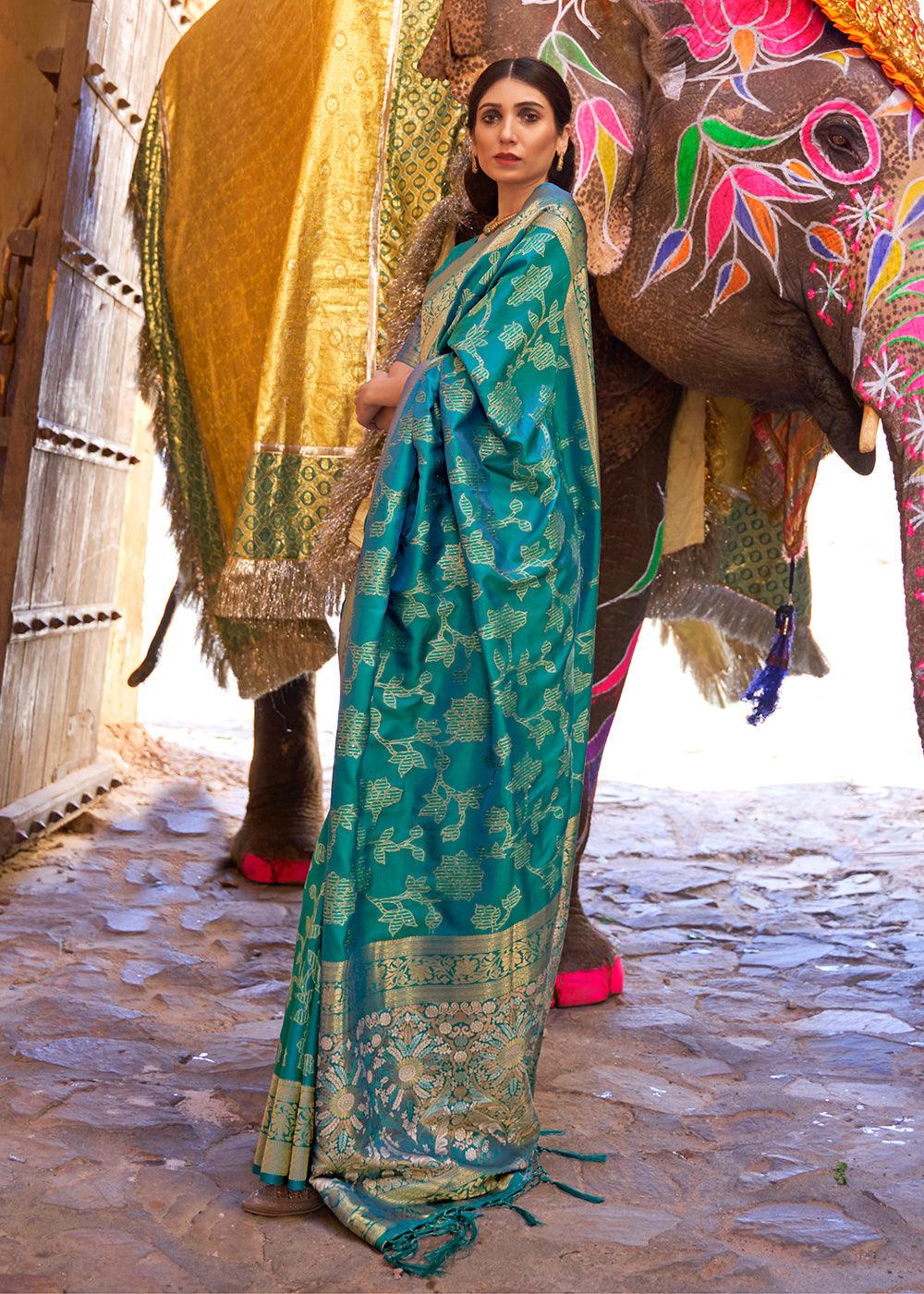 Cyprus Green Handloom Weave Soft Banarasi Silk Saree | Stitched Blouse - qivii