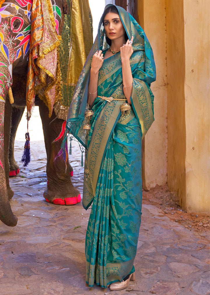 Cyprus Green Handloom Weave Soft Banarasi Silk Saree | Stitched Blouse - qivii