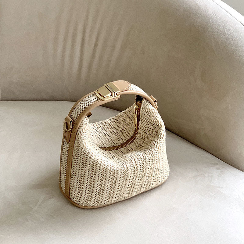 Women's Raffia Convertible Bowler — Summer Arc-Shoulder Bag with Artisan Woven Detailing