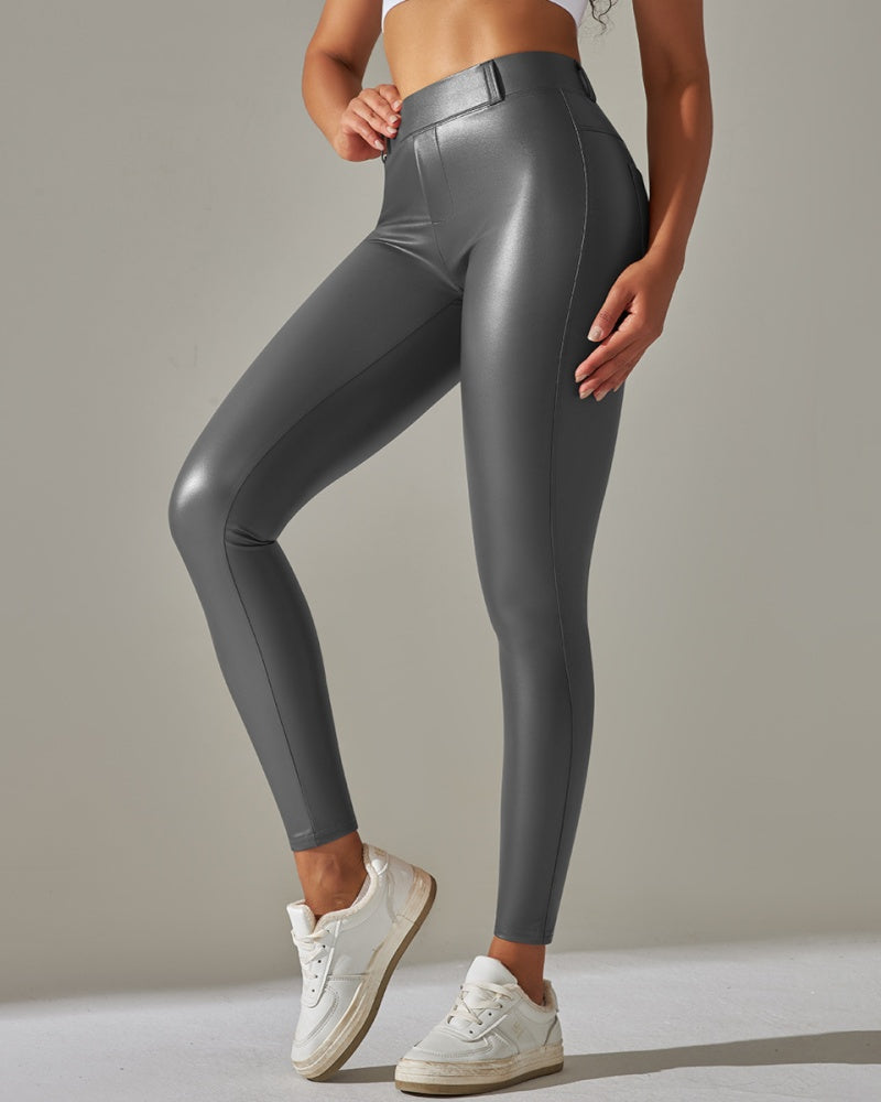 PU leather Pants High Waist Tight Sports Yoga Pants Slim  - By Qivii