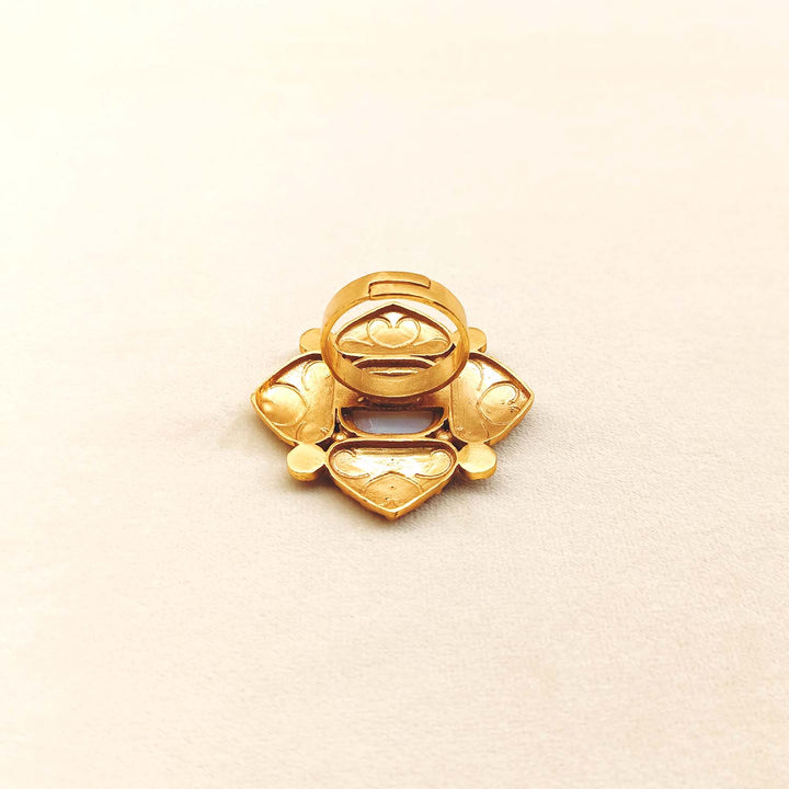 Ganga White Stone Gold Plated Boutique Ring in a jewelry box, perfect for gifting or storing the exquisite piece