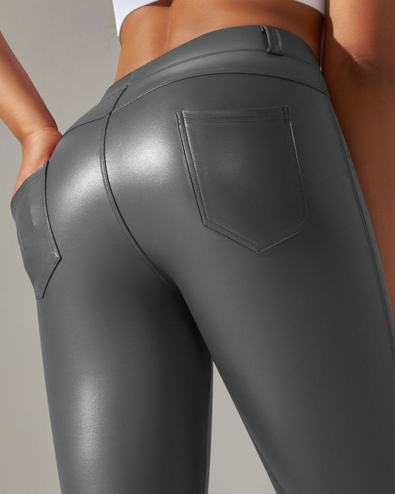 PU leather Pants High Waist Tight Sports Yoga Pants Slim  - By Qivii