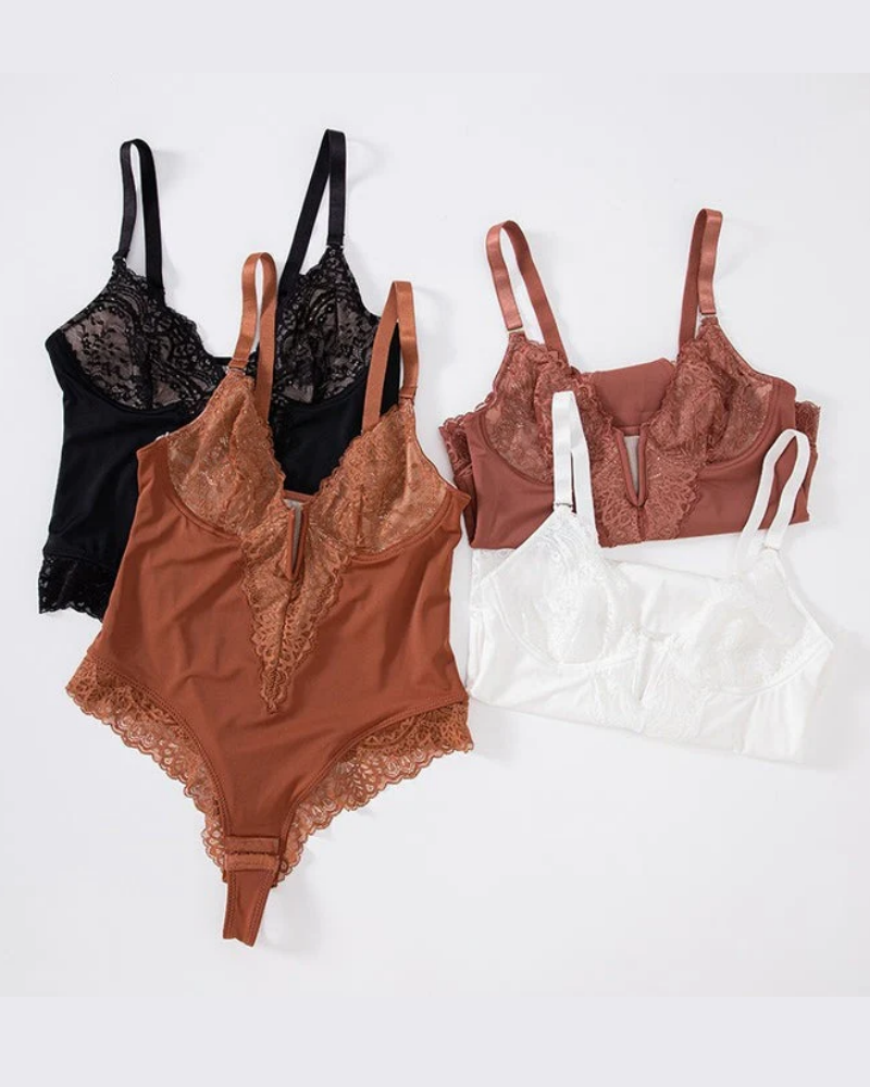 Sexy Lace Deep-V Neck Bodysuits  - By Qivii
