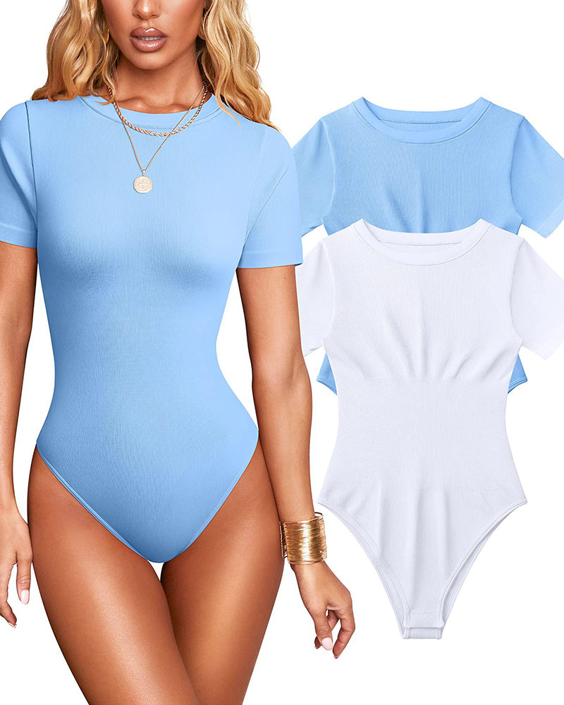 Women Sexy Ribbed Round Neck Short Sleeve Tummy Control Thong Bodysuit  - By Qivii