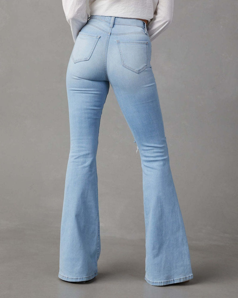 High Waist Ripped Jeans Women Street Style Flared Pants  - By Qivii