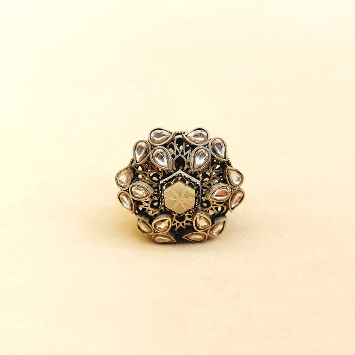 Close-up of Geeta White Stone Oxidized Silver Boutique Ring on display