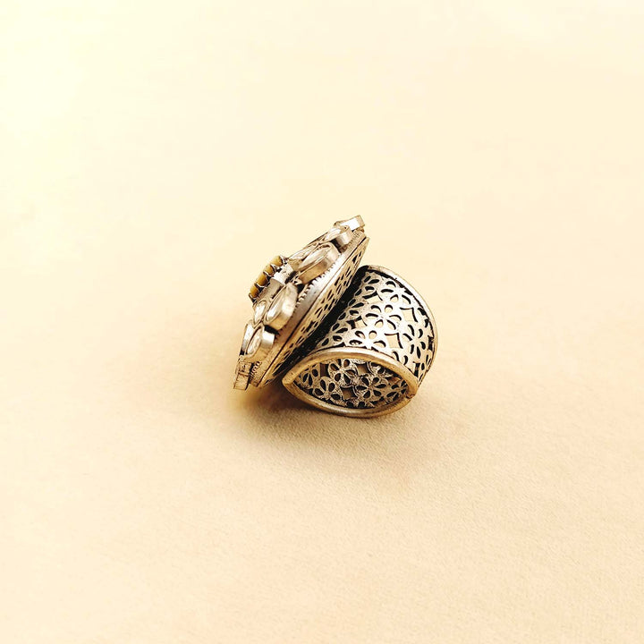  Exquisite Geeta White Stone Oxidized Silver Boutique Ring with Unique Artisanal Details