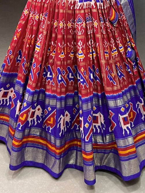 Tussar Silk Patola Print With Foil Work Lehenga Choli In Red Color