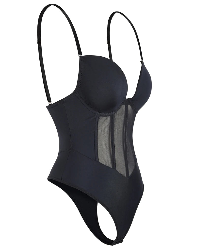 Women's Tummy Control Thong Sheer Mesh Corset Top Backless Bodysuits  - By Qivii