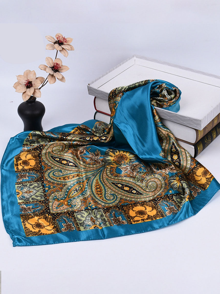 Vintage Bohemian Paisley Print Satin Square Scarf  - By Qivii