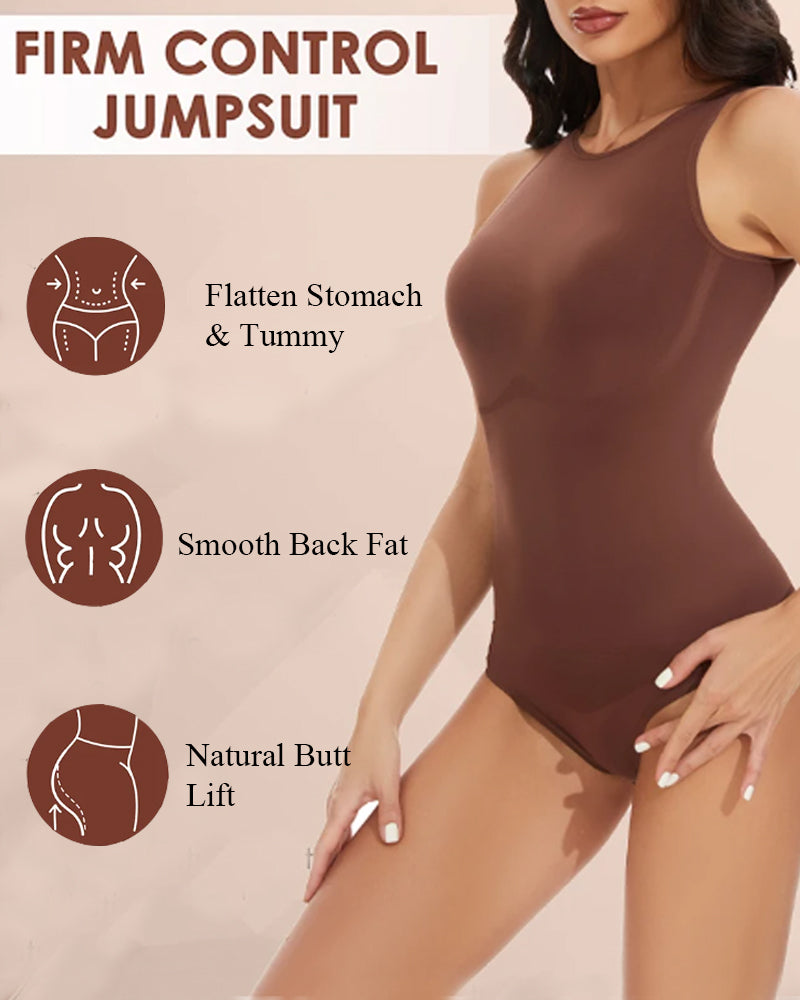 Seamless Racerback Top Tummy Control Crew Neck Bodysuit  - By Qivii