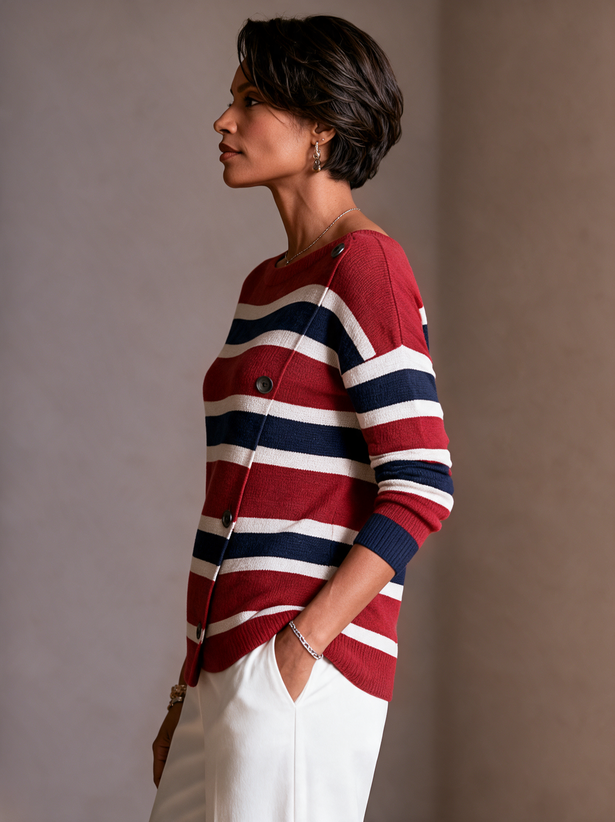 Women's Contrast Stripe Casual Knit Asymmetric Placket Sweater MDZ0399I0GMJ