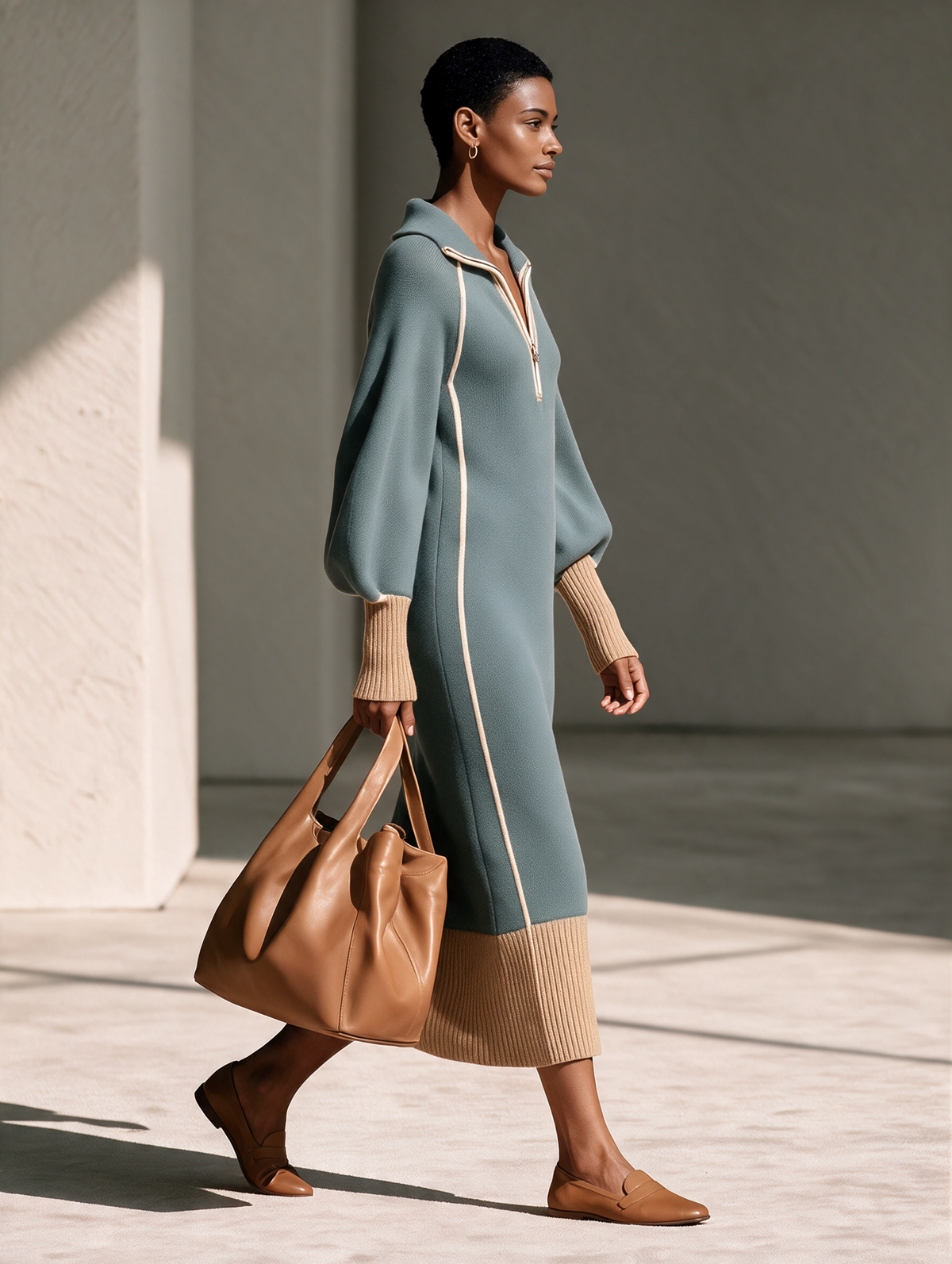 Women's Grey-Blue Collared Half-Zip Contrast-Piping Blouson-Sleeve Wool-Knit Maxi Dress