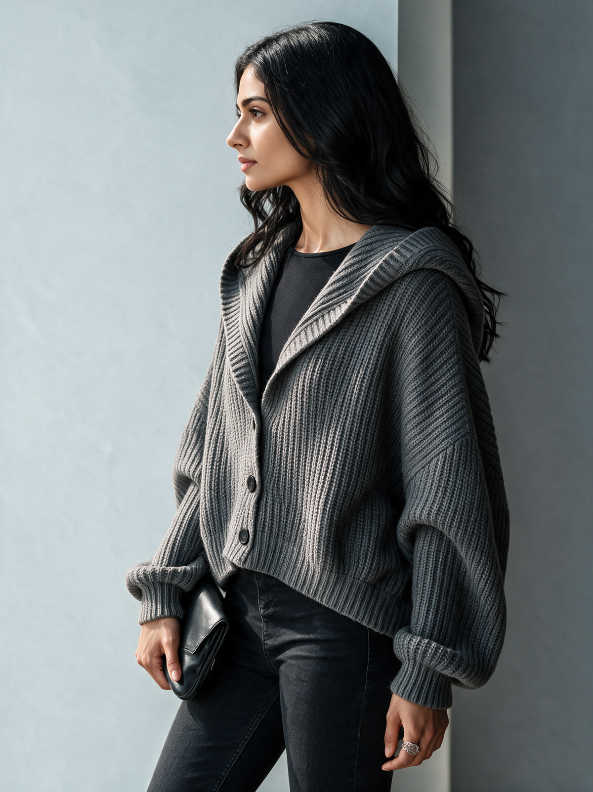 Women's Hooded Chunky-Ribbed Knit Cardigan MDZ0713I7ZRK