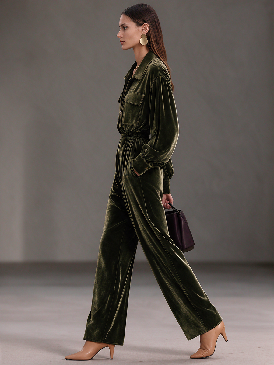 Women's Olive-Green Velvet Collared Zip-Front Long-Sleeve Wide-Leg Jumpsuit