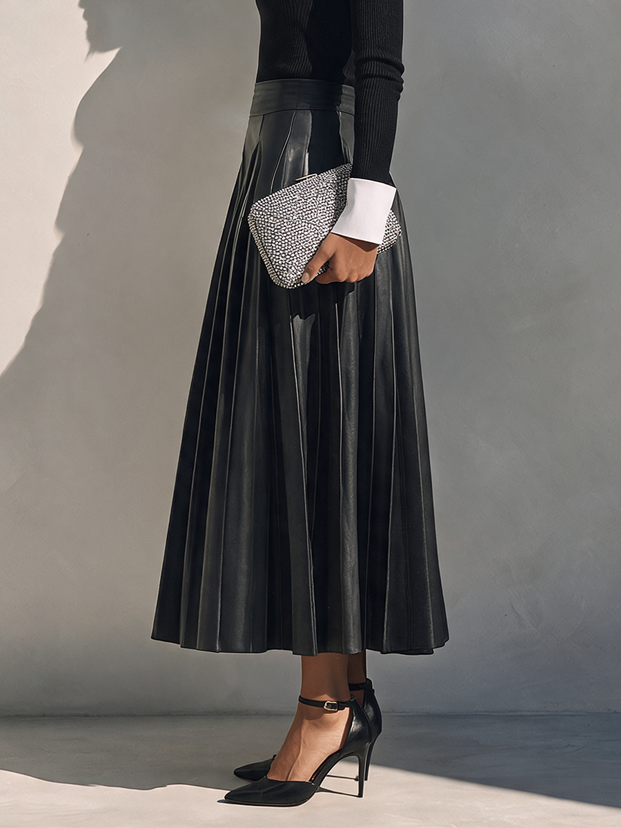 Women's High-Waisted Pleated Leather Skirt MDZ2153H1ZRK
