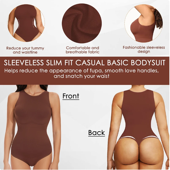 Seamless Racerback Top Tummy Control Crew Neck Bodysuit  - By Qivii