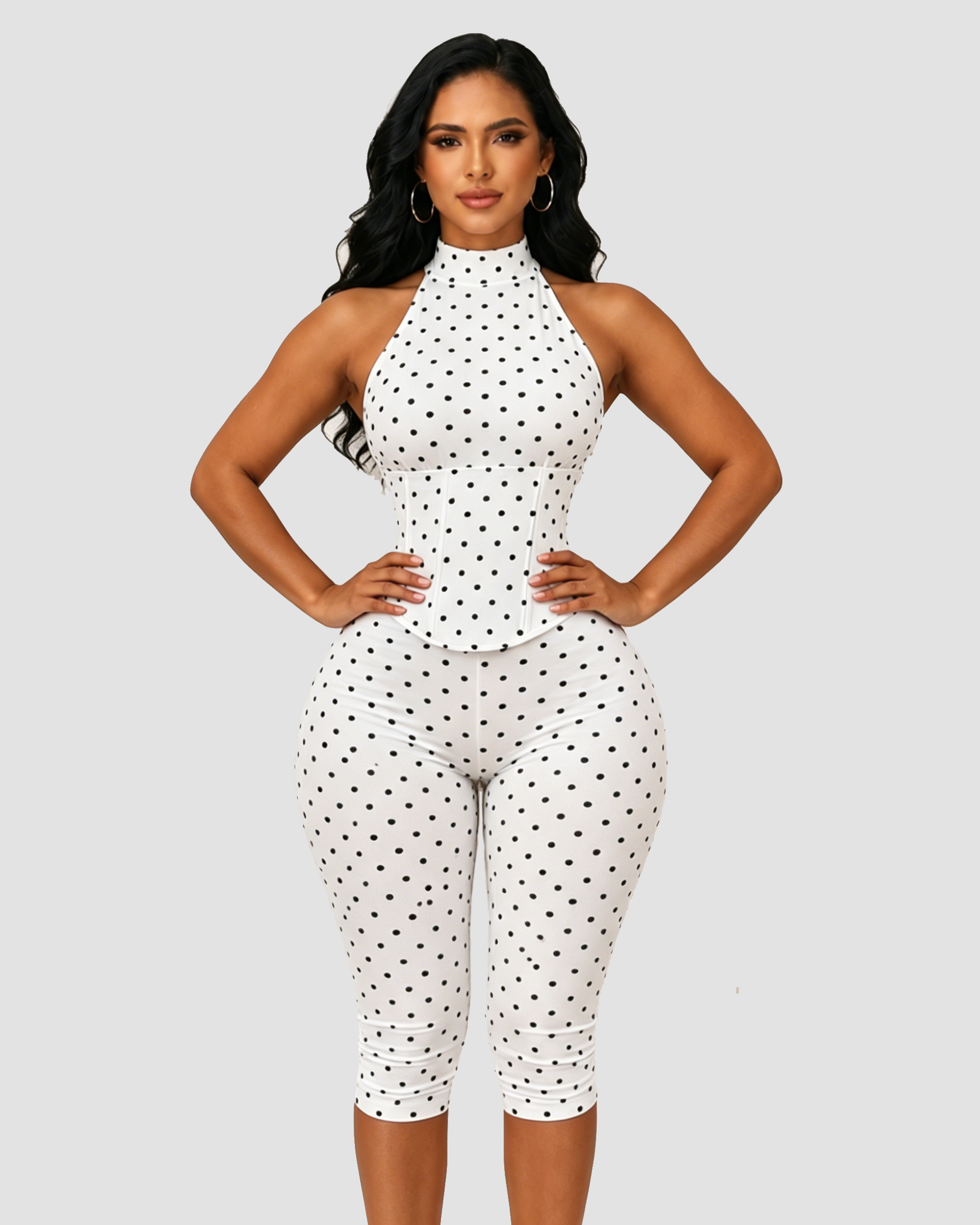 Polka Dot Halter Neck Hourglass Capri Jumpsuit with Detachable Corset Two-Piece Set  - By Qivii
