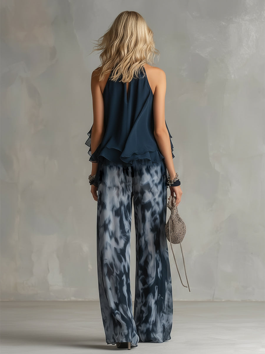 Ludovica | Stylish Navy Halter Top and Wide-Leg Printed Set by Qivii