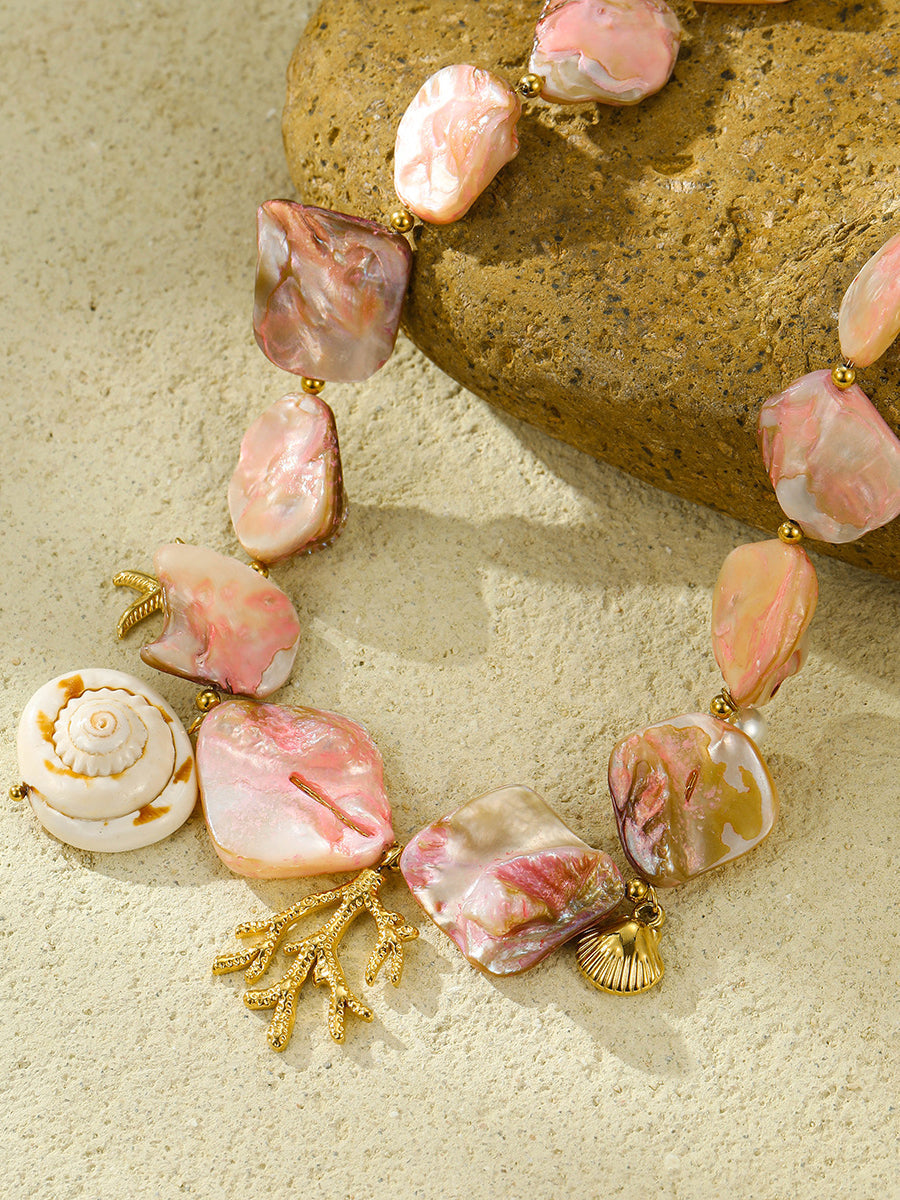 Beach Style Pink Shell Coral Stainless Steel Necklace  - By Qivii