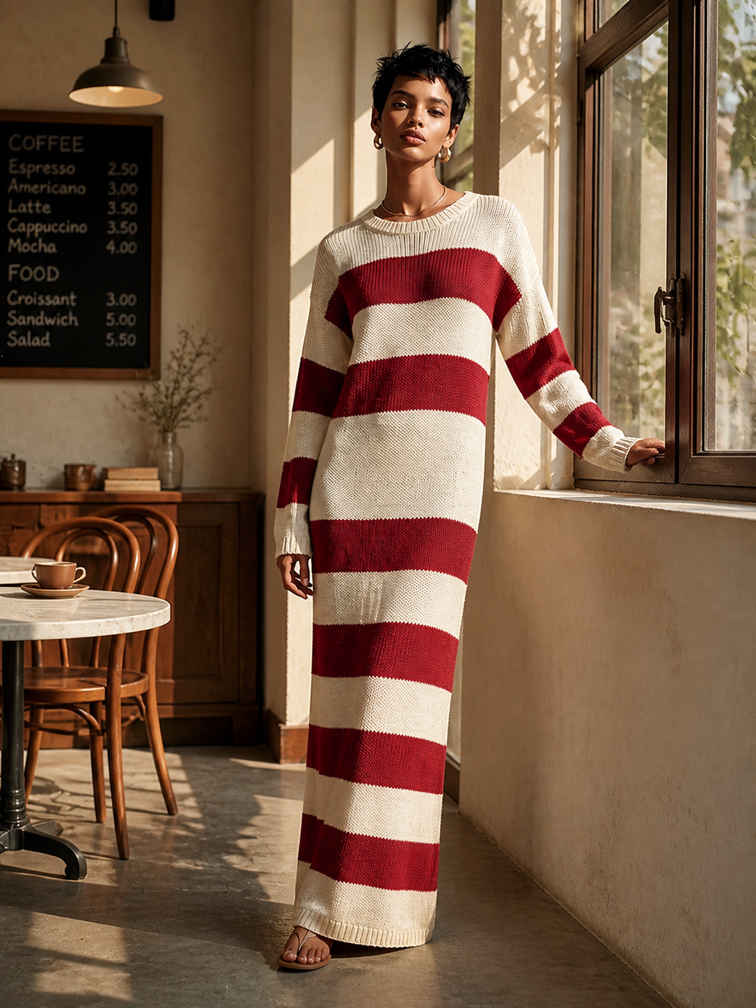 Women's Retro Wide-Stripe Long-Sleeve Knit Maxi Dress MDZ2788H6ZRK