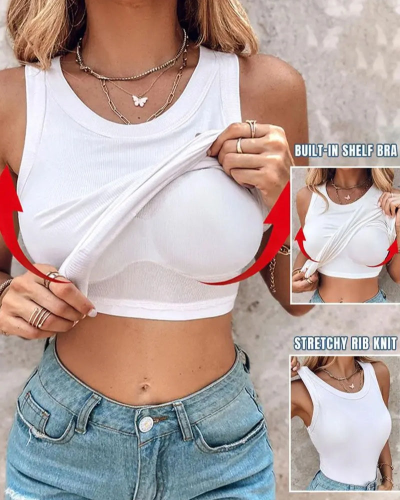 Round Neck Ribbed Tank Top Built In with Bra Padded  - By Qivii