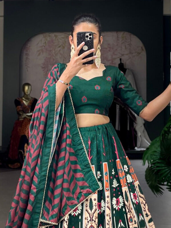 Vaishali silk Printed With Lace Border Lehenga Choli In Green Color