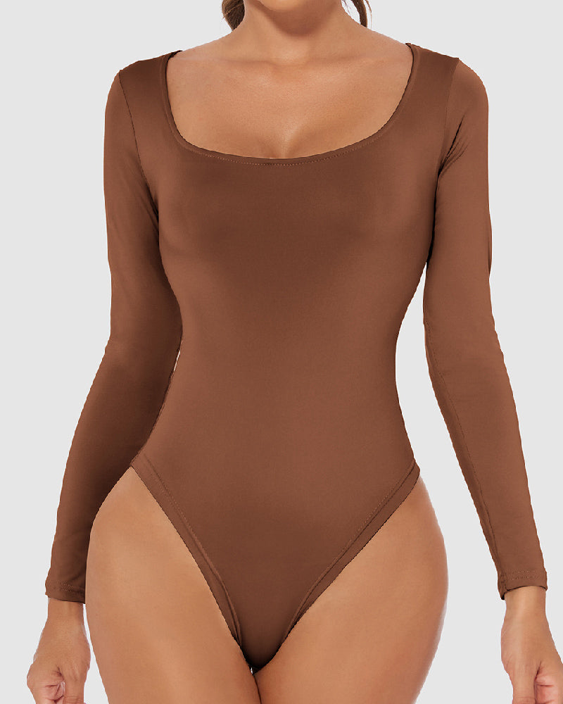 Women's Seamless Square Neck Long Sleeve Bodysuits Sculpting Thong Bottoming Shirt Body Shaper  - By Qivii