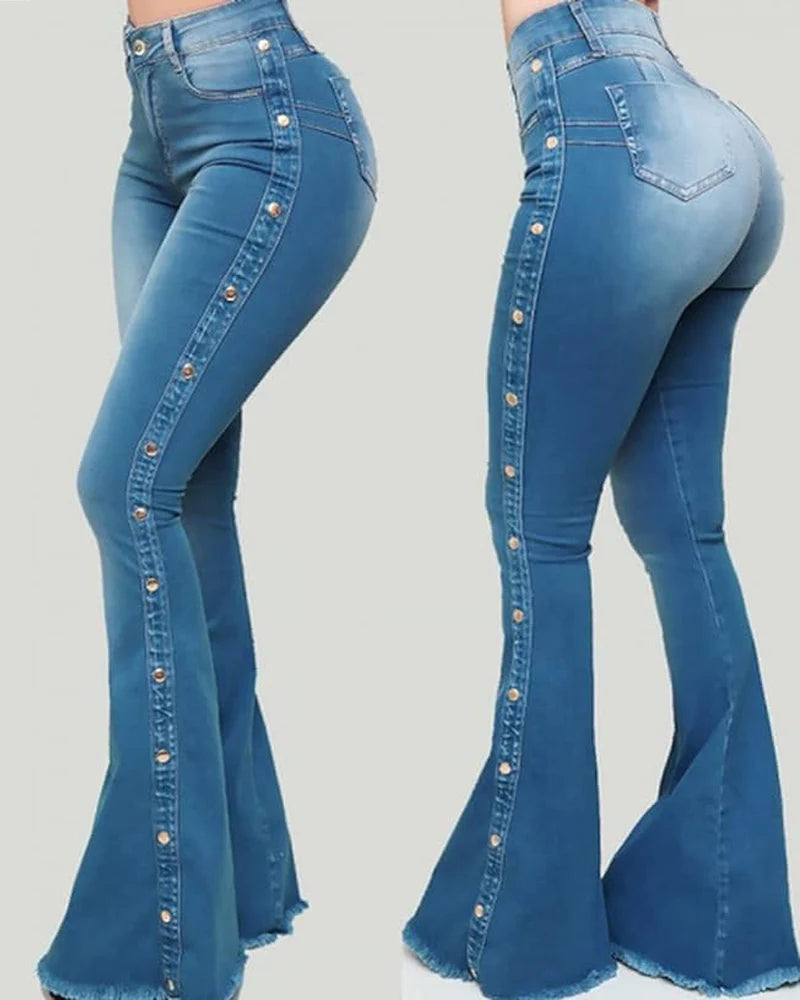 Women's Zipper Fly Side Buttons Vintage Mopping Flared Jeans  - By Qivii