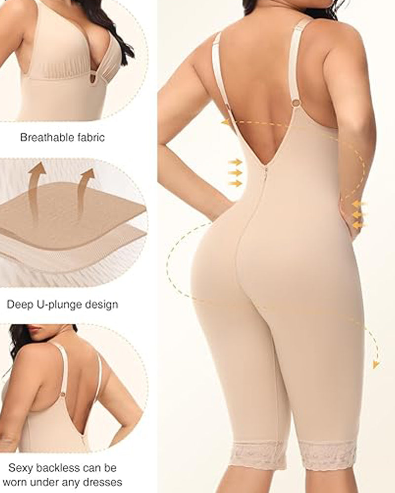 U Plunge Tummy Control Mid Thigh Bodysuit Seamless Full Body Fajas Shapewear  - By Qivii