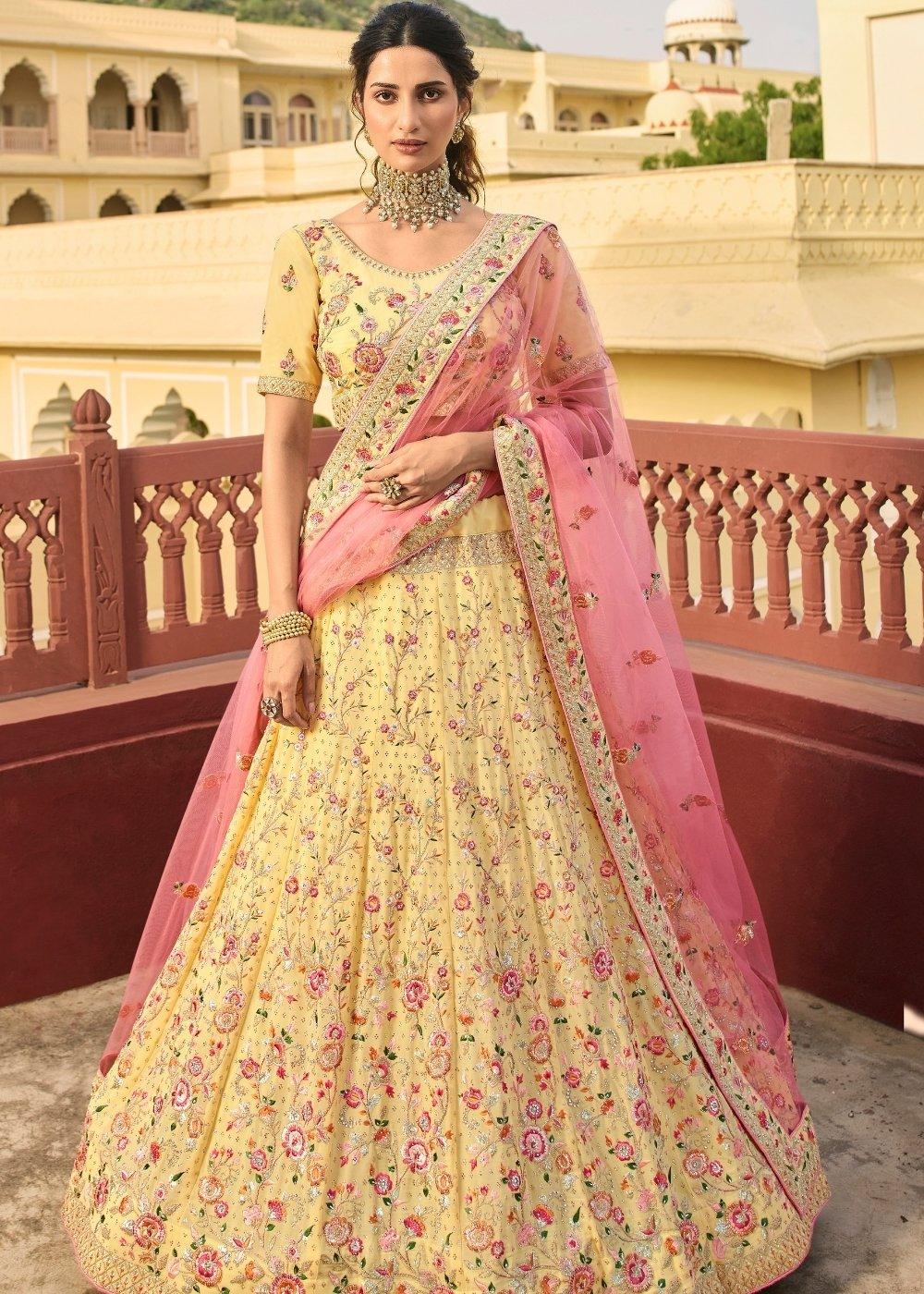 Daffodil Yellow Lehenga Choli with Zari, Dori, Swarvoski, Thread & Zarkan work - qivii