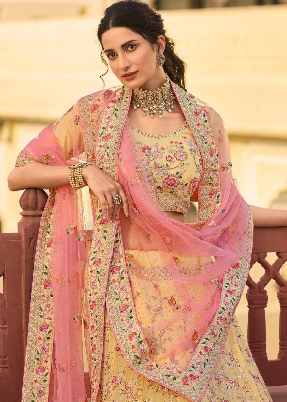 Daffodil Yellow Lehenga Choli with Zari, Dori, Swarvoski, Thread & Zarkan work - qivii